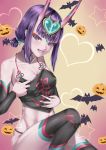  1girl :d absurdres bat black_legwear black_sleeves breasts chinese_clothes cleavage collarbone detached_sleeves dudou eyebrows_visible_through_hair fangs fate/grand_order fate_(series) hair_ornament heart heart_hair_ornament highres horns kamehito long_sleeves looking_at_viewer midriff navel open_mouth pumpkin purple_eyes purple_hair short_hair shuten_douji_(halloween_caster)_(fate) sitting small_breasts smile solo stomach thighhighs tied_hair 