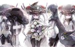  bodysuit bouquet cape commentary cross flower funeral gloves headwear_removed kantai_collection monster multiple_girls pale_skin red_eyes shinkaisei-kan silver_hair spark_(sandro) tombstone turret wo-class_aircraft_carrier yellow_eyes 