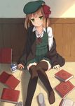  beret black_legwear blush book brown_hair cardigan carton green_eyes grimoire hat highres kinta_(distortion) looking_at_viewer magic_circle off_shoulder open_cardigan open_clothes original school_uniform shoes_removed short_hair sitting skirt solo thighhighs zettai_ryouiki 