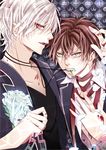  brown_hair chain choker crown diabolik_lovers flower green_eyes highres jacket jewelry key mesubuta multiple_boys necklace open_clothes open_jacket open_mouth red_eyes ribbon sakamaki_ayato sakamaki_subaru short_hair white_hair 