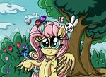  avian beak bird bush danielsplatter equine feathers female feral flower fluttershy_(mlp) friendship_is_magic fur green_eyes group hair horse lagomorph long_hair looking_at_viewer male mammal my_little_pony necklace open_mouth outside pegasus pink_hair pony rabbit sky smile teeth tree wings yellow_fur 