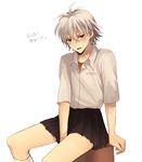  bad_id bad_pixiv_id blush crossdressing grey_hair hasegawa_(yonbunnoichi) male_focus nagisa_kaworu neon_genesis_evangelion pleated_skirt red_eyes skirt solo 