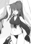  1girl ;d arm_up bikini breasts cleavage collarbone cowboy_shot curtains eyebrows_visible_through_hair floating_hair front-tie_bikini front-tie_top greyscale groin hair_between_eyes hand_in_hair highres kimi_to_boku_no_saigo_no_senjou_arui_wa_sekai_ga_hajimaru_seisen long_hair looking_at_viewer medium_breasts monochrome navel nekonabe_ao novel_illustration official_art one_eye_closed open_mouth ponytail smile solo standing star swimsuit thigh_gap very_long_hair 