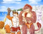  anthro back_turned beach biceps big_muscles bikini blush brown_eyes brown_fur brown_nose brown_skin bulge canine chest_tuft cinna-tree claws clothing eyewear fangs female fox front fur green_eyes gripping hair holding male mammal muscles open_mouth pecs pose pubes red_hair reptile sand scalie sea seaside shorts speedo standing swimsuit teeth toned tongue topless trunks_(clothing) tuft underwear water white_fur 