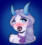  2018 ahegao anthro blue_eyes blush cum cum_inside cum_on_tongue digital_media_(artwork) fandomtopia female fur hair horn jewelry looking_at_viewer looking_pleasured mammal meechee_(smallfoot) necklace open_mouth simple_background smallfoot solo tongue tongue_out white_fur yeti 