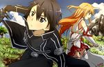  black_eyes black_hair brown_eyes cape grass kirigaya_kazuto long_hair orange_hair short_hair sword sword_art_online thighhighs weapon yura-tsuki yuuki_asuna 