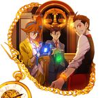  2boys alternate_eye_color antenna_hair arm_up bad_id bad_pixiv_id badge blue_eyes blue_neckwear bracelet brown_hair courtroom earrings fang foreshortening formal gloves glowing glowing_eyes grin gyakuten_saiban gyakuten_saiban_5 hair_between_eyes hair_ribbon hand_on_hip highres jewelry kizuki_kokone long_hair looking_at_viewer looking_back magatama multiple_boys naruhodou_ryuuichi necktie odoroki_housuke one_eye_closed outstretched_arm outstretched_hand pantyhose pocket_watch red_eyes ribbon shirt side_ponytail single_glove skirt smile spiked_hair suit watch yellow_skirt 
