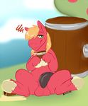  big_macintosh_(mlp) black_penis drinking drunk equine erection feral fetlocks flaccid friendship_is_magic fur green_eyes horse male mammal my_little_pony outside penis red_fur rika sitting smile solo 