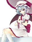  ascot bat_wings blue_hair bow hat hat_ribbon head_tilt junior27016 kneehighs lips looking_at_viewer mob_cap parasol pointy_ears puffy_short_sleeves puffy_sleeves red_eyes remilia_scarlet ribbon short_hair short_sleeves simple_background sitting skirt skirt_set smile solo touhou umbrella white_background white_legwear wings wrist_cuffs 
