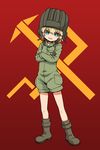  blonde_hair blue_eyes emblem girls_und_panzer katyusha military military_uniform pravda_(emblem) pravda_military_uniform sabaku_chitai short_hair short_jumpsuit smile solo uniform 