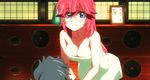  3girls animated animated_gif ano_natsu_de_matteru black_hair blue_hair blush breasts cleavage face_hug green_towel kirishima_kaito large_breasts long_hair lowres multiple_girls naked_towel o_o open_mouth red_hair short_hair smile takatsuki_ichika tanigawa_kanna towel towel_slip 