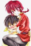  1boy 1girl blush braid chinese_clothes genderswap hibiki_airi hibiki_ryouga orange_eyes ranma-chan ranma_1/2 red_eyes red_hair saotome_ranma single_braid tangzhuang 