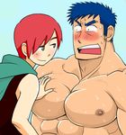  1boy 1girl blue_hair blush hand_on_another's_chest hand_on_chest muscle muscles red_hair reverse_trap smile 