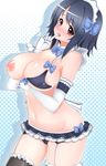  1girl bikini blue_hair blush breasts cleavage elbow_gloves female frills gloves highres lactation large_breasts licking looking_at_viewer maid maid_bikini maid_headdress navel nipples open_mouth original red_eyes short_hair solo standing swimsuit thighhighs tongue tongue_out yuna_(spn28u79) 