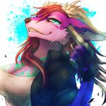  breasts brown_hair canine crying cyan_eyes dragon female fur gun hair horn hybrid looking_at_viewer mammal purple_fur ranged_weapon red_hair reituki smile solo suicide violet_fur weapon wolf 