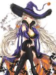  breasts cleavage halloween hat highres iria_(yumeirokingyo) long_hair medium_breasts midriff nail_polish original red_eyes silver_hair skirt solo thighhighs very_long_hair witch_hat 