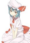  ascot blue_hair blush dress eyelashes hands_on_lap hat highres mob_cap nakamura_(marakimi) pout red_eyes remilia_scarlet short_hair simple_background slit_pupils solo tears touhou v_arms white_background 