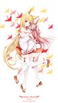 animal_ear_fluff animal_ears blonde_hair blush bow breasts bunny_ears bunny_tail fox_ears fox_tail green_eyes hair_bow highres hug japanese_clothes long_hair long_sleeves looking_at_viewer medium_breasts miko multiple_girls off_shoulder original pink_hair red_eyes sandals short_twintails smile tail thighhighs twintails usagihime white_legwear wide_sleeves zettai_ryouiki 