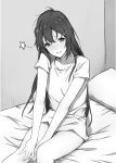  1girl bed_sheet between_legs blush collarbone gamers! greyscale hair_between_eyes hair_ornament hand_between_legs highres hoshinomori_konoha indoors long_hair looking_at_viewer monochrome naked_shirt novel_illustration official_art open_mouth pillow saboten shirt short_sleeves solo very_long_hair 