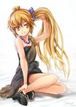  :d akita_neru blonde_hair dress grin hair_tousle hair_tucking high_heels jewelry long_hair necklace open_mouth orange_eyes sandals side_ponytail sitting smile solo tadano_magu vocaloid yokozuwari 