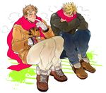  bad_id bad_pixiv_id blonde_hair blush breath brown_hair caesar_anthonio_zeppeli coat gloves jojo_no_kimyou_na_bouken joseph_joestar multiple_boys oreha00701 pink_scarf scarf scarf_over_mouth time_paradox winter_clothes 