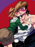  bad_id bad_pixiv_id blush brown_hair crossdressing danganronpa danganronpa_1 fujisaki_chihiro green_eyes kiss long_hair male_focus multiple_boys oowada_mondo otoko_no_ko purple_eyes roco617 yaoi 