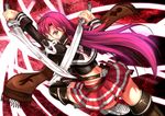  absurdres ahoge belt boots brown_footwear crossed_swords dual_wielding from_behind highres holding holding_sword holding_weapon long_hair looking_at_viewer looking_back original pink_eyes pink_hair scarf skirt soyokaze sword tattoo thigh_boots thighhighs weapon zettai_ryouiki 