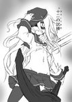 adjusting_clothes adjusting_hat anchor comic fate/stay_night fate_(series) flat_cap greyscale hat hibiki_(kantai_collection) kantai_collection long_hair monochrome navel parody pleated_skirt rigging school_uniform serafuku shirogane_(cufsser) skirt solo thighhighs torn_clothes translated turret zettai_ryouiki 