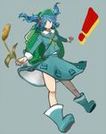  backpack bad_id bad_pixiv_id bag blue_eyes blue_hair boots cattail dress full_body hair_bobbles hair_ornament hat highres kawashiro_nitori key long_sleeves looking_at_viewer open_mouth plant pocket rubber_boots short_hair short_twintails simple_background skirt skirt_set solo touhou twintails two_side_up yukiru_(zoroacute) 
