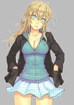  bags_under_eyes blonde_hair blue_eyes breasts cleavage hands_in_pockets jacket long_hair medium_breasts mustard_seeds original skirt solo yuuji_(and) 