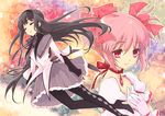  akemi_homura black_hair choker closed_eyes gloves hair_ribbon hairband itou_noiji kaname_madoka long_hair magical_girl mahou_shoujo_madoka_magica multiple_girls pantyhose pink_eyes pink_hair ribbon short_hair short_twintails skirt smile soul_gem twintails white_gloves 