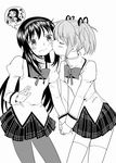  akemi_homura ayanero_taicho blush bow bowtie cheek_kiss closed_eyes contrapposto greyscale hair_ribbon hairband holding_hands kaname_madoka kiss long_hair long_sleeves mahou_shoujo_madoka_magica monochrome multiple_girls open_mouth pantyhose puffy_long_sleeves puffy_sleeves ribbon school_uniform short_twintails simple_background skirt smile standing sweater thighhighs thought_bubble twintails white_background yuri 