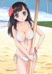  beach bikini black_hair blue_eyes bracelet breasts cleavage day dktaka flower hair_flower hair_ornament hibiscus jewelry large_breasts long_hair navel ocean original outdoors parasol sky solo swimsuit umbrella 