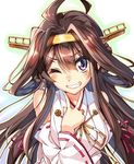 ahoge bare_shoulders blush brown_hair detached_sleeves double_bun grin hair_ornament hair_rings hairband headgear japanese_clothes kantai_collection kongou_(kantai_collection) long_hair looking_at_viewer one_eye_closed piromizu purple_eyes ribbon-trimmed_sleeves ribbon_trim smile solo v wide_sleeves 