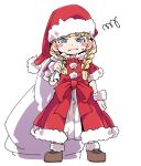  1girl angry bag blonde_hair blue_eyes bracelet braid christmas dragon_quest dragon_quest_xi earrings full_body gloves hat ixy jewelry long_hair looking_at_viewer lowres santa_costume santa_hat simple_background solo twin_braids veronica_(dq11) white_background 