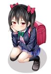  backpack bag black_hair black_legwear blazer blush bow full_body hair_bow hand_on_own_cheek jacket loafers long_sleeves looking_at_viewer love_live! love_live!_school_idol_project morerin otonokizaka_school_uniform pleated_skirt randoseru red_eyes school_uniform shadow shoes skirt socks solo squatting twintails white_background yazawa_nico 