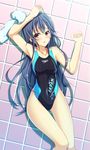  black_hair brand_name_imitation brown_eyes competition_swimsuit eba_yuzuki kazeoto_kirito kimi_no_iru_machi long_hair lying one-piece_swimsuit speedo_(company) swimsuit tiles towel 