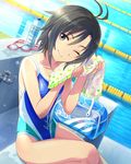  antenna_hair artist_request bag black_eyes black_hair bottle competition_swimsuit goggles idolmaster idolmaster_(classic) idolmaster_cinderella_girls kikuchi_makoto looking_at_viewer official_art one-piece_swimsuit one_eye_closed pool short_hair sitting solo swimsuit towel water water_bottle wet 