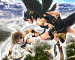  aerial_battle angel armlet battle black_hair blue_eyes bracer brown_hair dark_pit duel highres karasuma_pink kid_icarus kid_icarus_uprising knife male_focus multiple_boys open_mouth pit_(kid_icarus) red_eyes smile spandex wings 