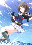  aiming_at_viewer black_gloves blue_eyes brown_hair cloud day gloves highres kantai_collection kneehighs looking_at_viewer maya_(kantai_collection) open_mouth oruna outdoors pleated_skirt school_uniform serafuku short_hair skirt sky sleeveless solo water 
