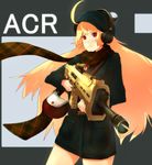  acog ahoge assault_rifle bad_id bad_pixiv_id blonde_hair bushmaster_acr foreshortening gun hat headphones long_hair looking_at_viewer magatsu_(ho-hi-stu) magazine_(weapon) miniskirt original red_eyes rifle scope skirt solo symbol-shaped_pupils very_long_hair weapon 