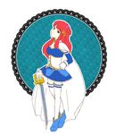  brown_eyes cape cosplay gloves hair_bobbles hair_ornament hand_on_hip magical_girl mahou_shoujo_madoka_magica miki_sayaka miki_sayaka_(cosplay) red_hair roroko solo sword thighhighs umineko_no_naku_koro_ni ushiromiya_ange weapon white_gloves white_legwear 