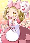  blonde_hair blush bow child dress fairy_tale_girl_(pokemon) gen_6_pokemon hair_bow looking_at_viewer open_mouth pokemon pokemon_(creature) smile soboro_(jitome_dan) solo swirlix yellow_eyes 