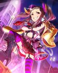  artist_request belt boots brown_hair garter_straps gloves grin horns idolmaster idolmaster_cinderella_girls jacket koseki_reina long_hair megaphone necktie official_art purple_eyes purple_legwear skirt smile solo striped striped_legwear thighhighs twintails 