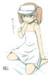  :o alternate_costume bangs bare_shoulders barefoot blush brown_hair covered_navel dress flat_chest food holding kantai_collection lockheart open_mouth pink_eyes popsicle ryuujou_(kantai_collection) scrunchie seiza short_hair short_twintails sitting sketch solo sundress sweat translated twintails visor_cap white_dress 