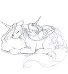  black_and_white cutie_mark duo equine eyes_closed female feral friendship_is_magic horn horse longinius mammal monochrome my_little_pony pillow plain_background pony princess_celestia_(mlp) princess_luna_(mlp) sibling sisters sleeping sparkles winged_unicorn wings 