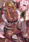  1girl a-na ankle_boots bangs bare_shoulders belt bikini black_bikini black_footwear black_shorts blonde_hair blush boots breasts cherry_blossoms cleavage collarbone dappled_sunlight dark_skin day eyebrows_visible_through_hair from_above fur granblue_fantasy hand_on_own_knee highres horn_ornament horns jewelry knee_up kuvira_(granblue_fantasy) large_breasts long_hair long_sleeves looking_at_viewer looking_up navel necklace off_shoulder on_floor outdoors petals pointy_ears short_shorts shorts sidelocks sitting skindentation solo stomach sunlight swept_bangs swimsuit tassel tatami thighhighs thong upper_teeth v-shaped_eyebrows white_legwear wide_sleeves wooden_floor yellow_eyes 