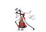  1girl black_hair bow commentary_request crossover detached_sleeves full_body hair_bow hakurei_reimu jack_skellington mtmy pumpkin short_hair simple_background sweatdrop the_nightmare_before_christmas touhou white_background zero_(nbc) 
