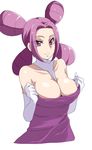  1girl bare_shoulders between_breasts breasts bursting_breasts cleavage collarbone dress elbow_gloves gloves gym_leader huge_breasts large_breasts long_hair looking_at_viewer melissa_(pokemon) nintendo pokemon pokemon_(game) purple_eyes purple_hair quad_tails shiny shiny_skin smile solo white_gloves wigglytuff_(artist) wigglytuff_(pokeacc) 