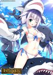  ;d animal_hat bad_id bad_pixiv_id bikini breasts commentary_request day fang green_eyes halterneck hand_puppet hat highres kaho_okashii lavender_hair long_hair medium_breasts ocean one_eye_closed open_mouth original puppet riding shark side-tie_bikini smile solo swimsuit water white_bikini 